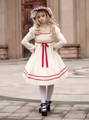 Sweet lolita high-waist midi dress with puffed sleeves and lace details paired with white stockings and black platform heels