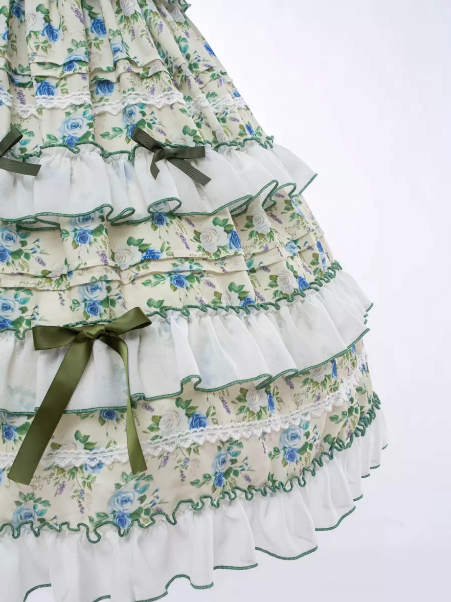 Sweet lolita dress authentic japanese street fashion subculture yellow blue green tiered ruffles movement silhouette