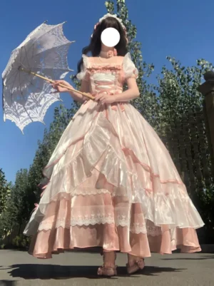 Sweet lolita dress front full-body pose outdoors holding delicate lace parasol, corset-style bodice, layered tulle skirt, square neckline, romantic coordination