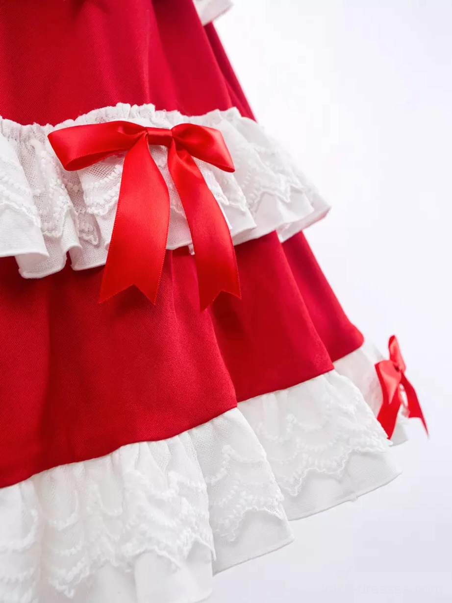 Sweet lolita dress lace-up back design corset closure red white contrast polyester