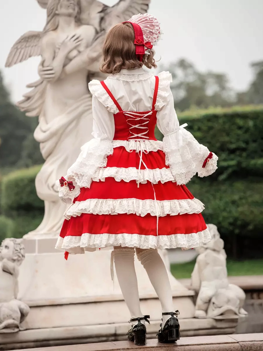 Sweet lolita dress back view lace-up back design white thigh-high socks rear full-body