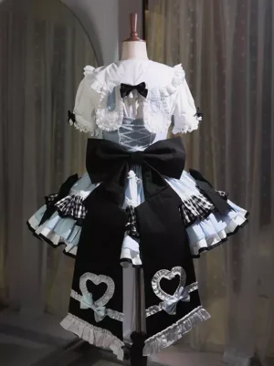 Sweet lolita dress back view lace-up corset back large black bow heart embroidery trim ruffled short sleeves dress form display