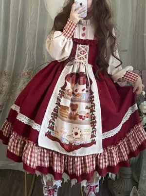 Long-sleeve sweet lolita op dress with lace-up bodice and ruffled checkered hem viewed in mirror selfie showing side profile and sleeve details