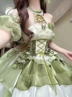 close-up detail of sweet lolita dress lace-up halter neck corset bodice with floral appliques and shiny satin fabric