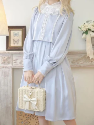 Pastel light blue sweet lolita dress with ruffled lace collar front view three-quarter angle lantern sleeves