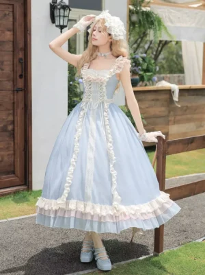 Light blue sweet lolita dress side three-quarter view blonde model square lace neckline front lace-up corset details