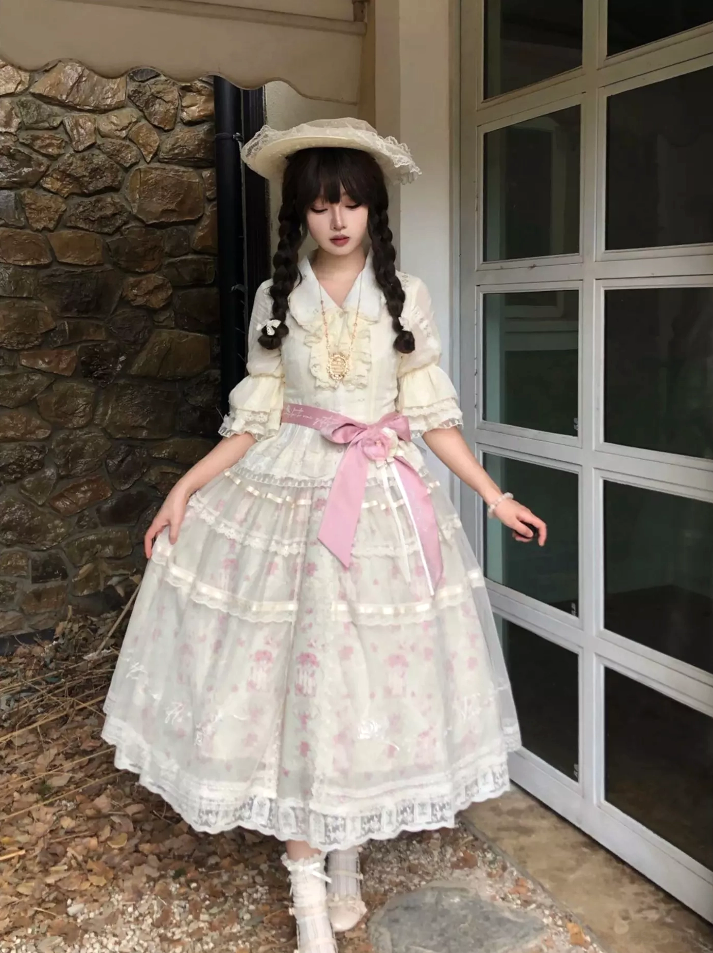 Sweet lolita dress set mirror selfie indoor light gray floral print variant pink sash tiered lace skirt