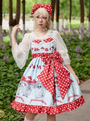Sweet Lolita dress set half-body front detail view red polka dot hair bow pearl necklace oversized waist bow