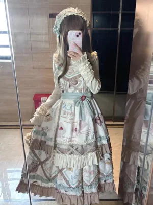 Light sky blue sweet lolita dress half-length mirror view lace-trimmed long sleeves bow waist sash decorative brooch romantic aesthetic