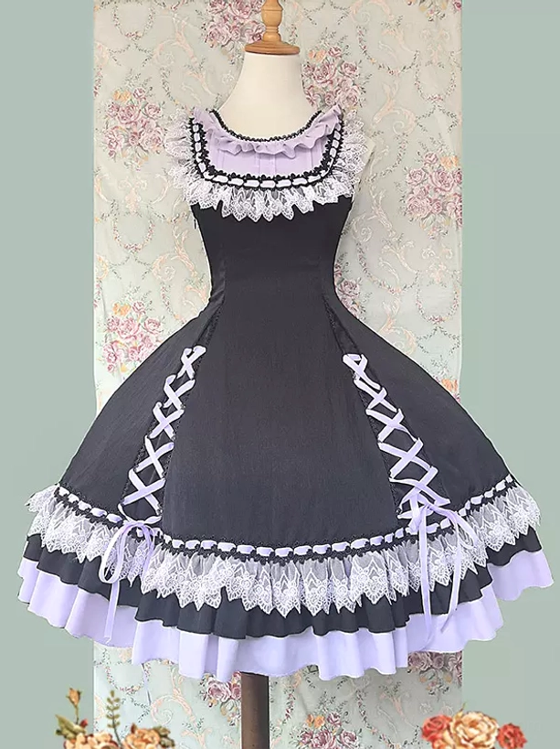 Sweet lolita dress in lilac color featuring sleeveless construction, decorative lace embellishments, side lace-up details, and voluminous layered hem on mannequin