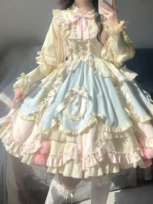 cream baby blue pink sweet lolita dress long sleeves ruffles layered skirt bow collar pom-pom trim front view mirror selfie