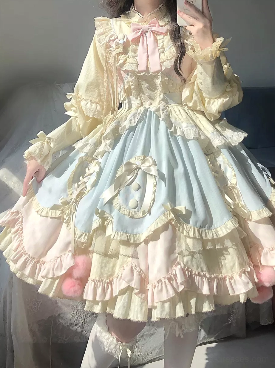 cream baby blue pink sweet lolita dress long sleeves ruffles layered skirt bow collar pom-pom trim front view mirror selfie