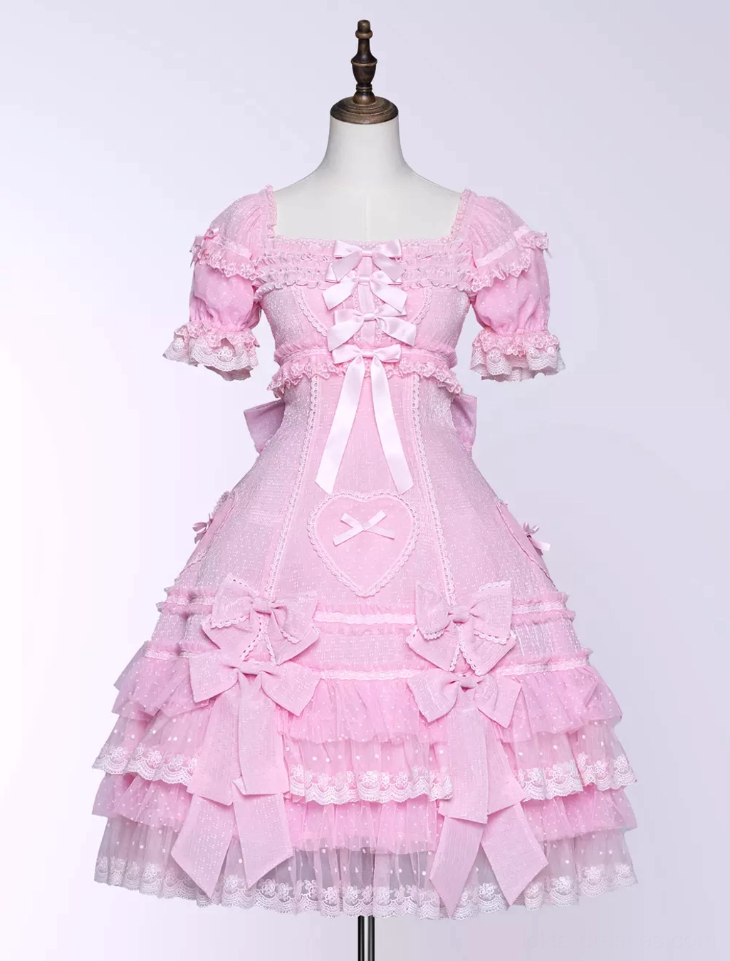 Sweet Lolita dress front full-body mannequin display showing square neckline puff sleeves ribbon bows and layered lace ruffles