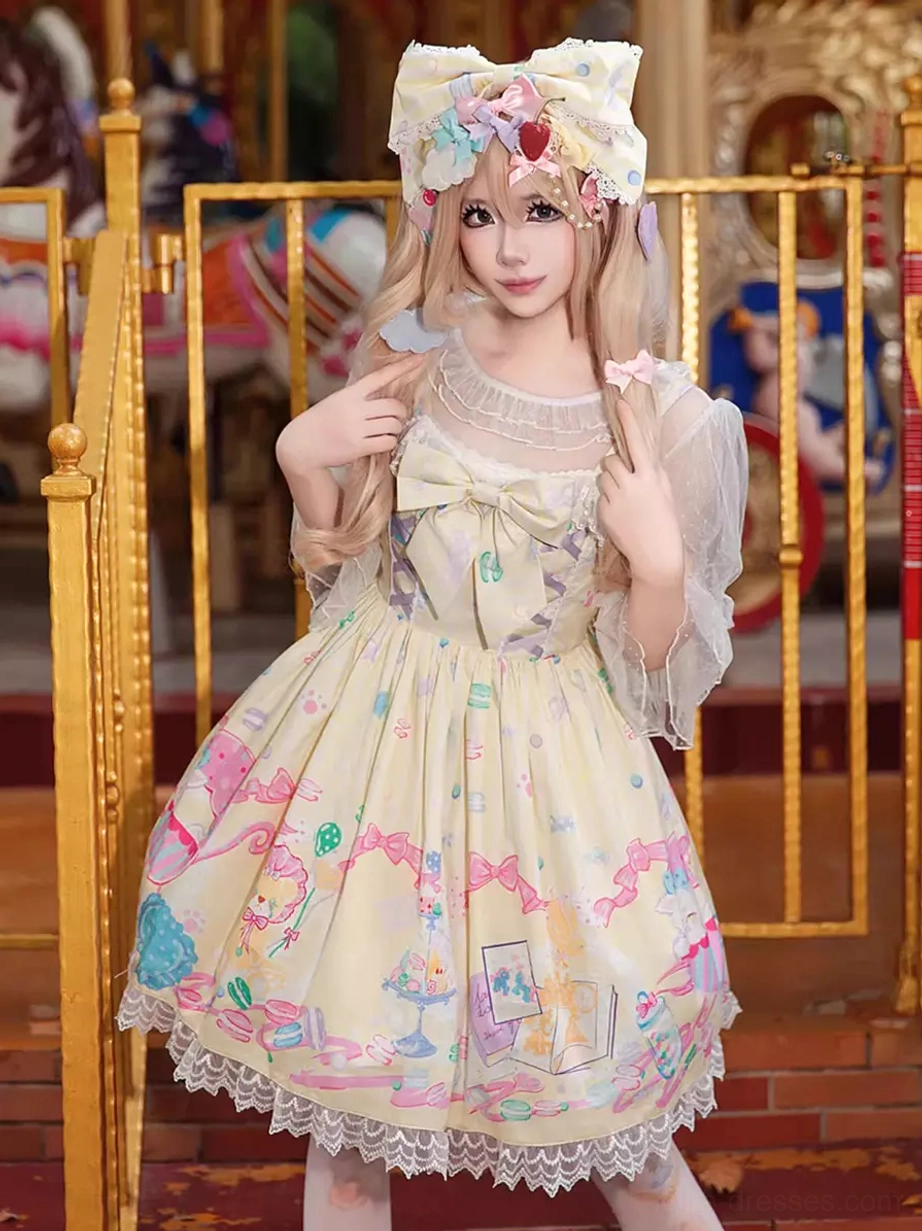 Close-up medium shot of sweet lolita dress on model featuring beige base, decorative hair accessories and bows, lace hem ruffle, matching carousel-themed print