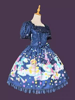 Lolita dress three-quarter left view navy blue star speckled cartoon animal print flare skirt waist bow