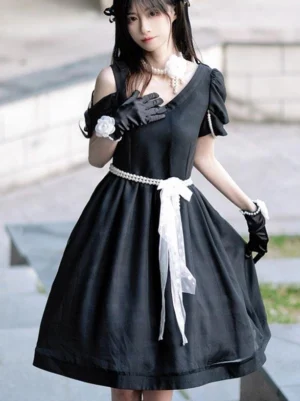 Off-shoulder sweet lolita dress with cold-shoulder puff sleeves pearl waist bow and decorative white gloves front medium shot