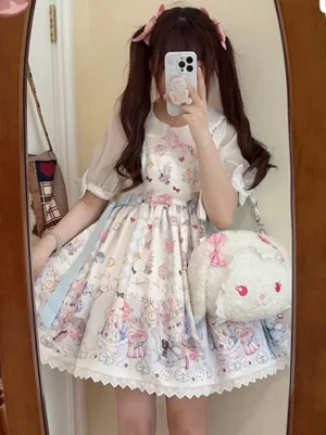 Pastel sweet Lolita dress full length view sheer puff sleeves pink bow details plush rabbit handbag cute fashion