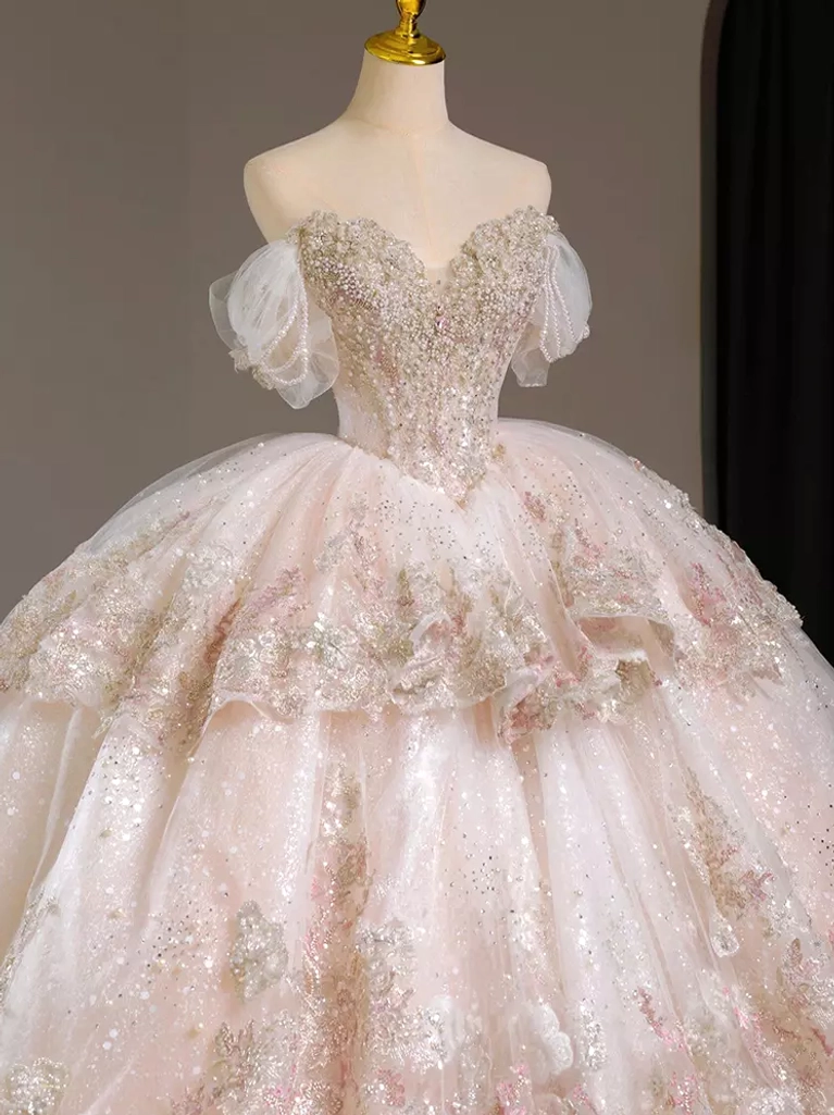 Sweet lolita dress bodice sleeve detail pearl-decorated sheer puff sleeves beaded floral embroidery close-up front view