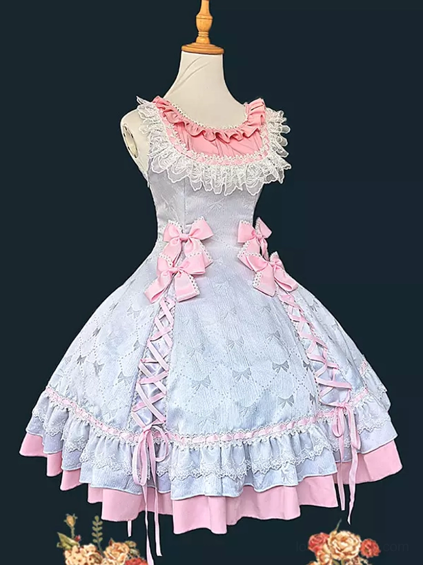Sleeveless sweet lolita jumper dress with cascading layered ruffled hem and side lace-up details, front display showing delicate lace trim and bow embellishments