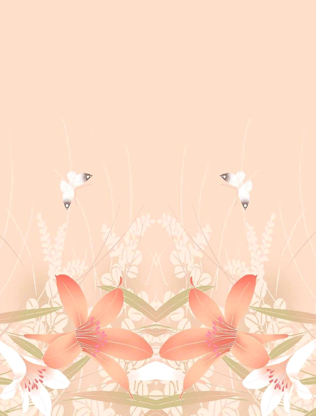 Flat lay lily flower print pattern of sweet lolita dress showing intricate floral motifs and soft peach background