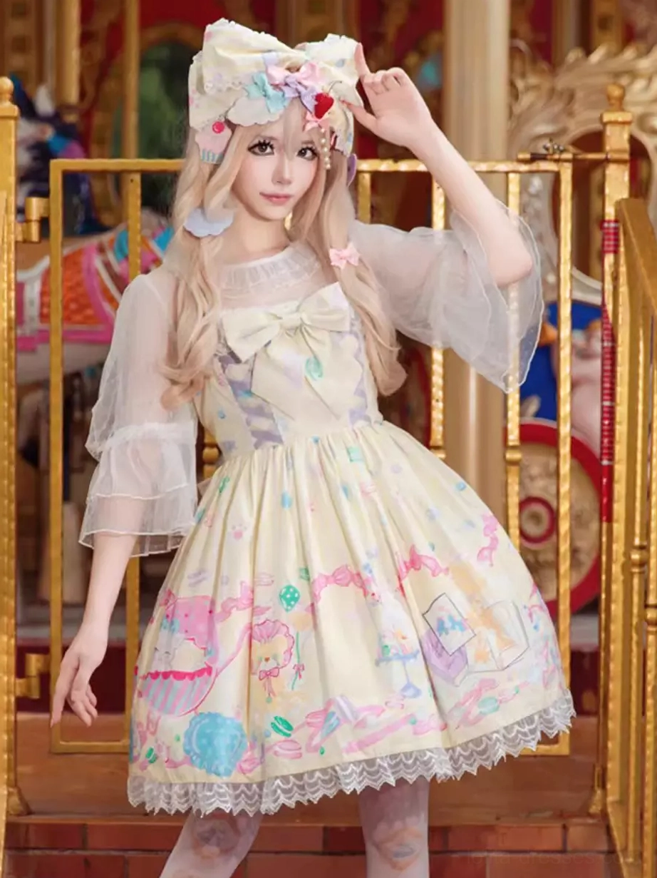 Sweet lolita dress worn on model with sheer puff sleeves, beige base color, oversized head bow, carousel amusement park themed background, lace hem detail