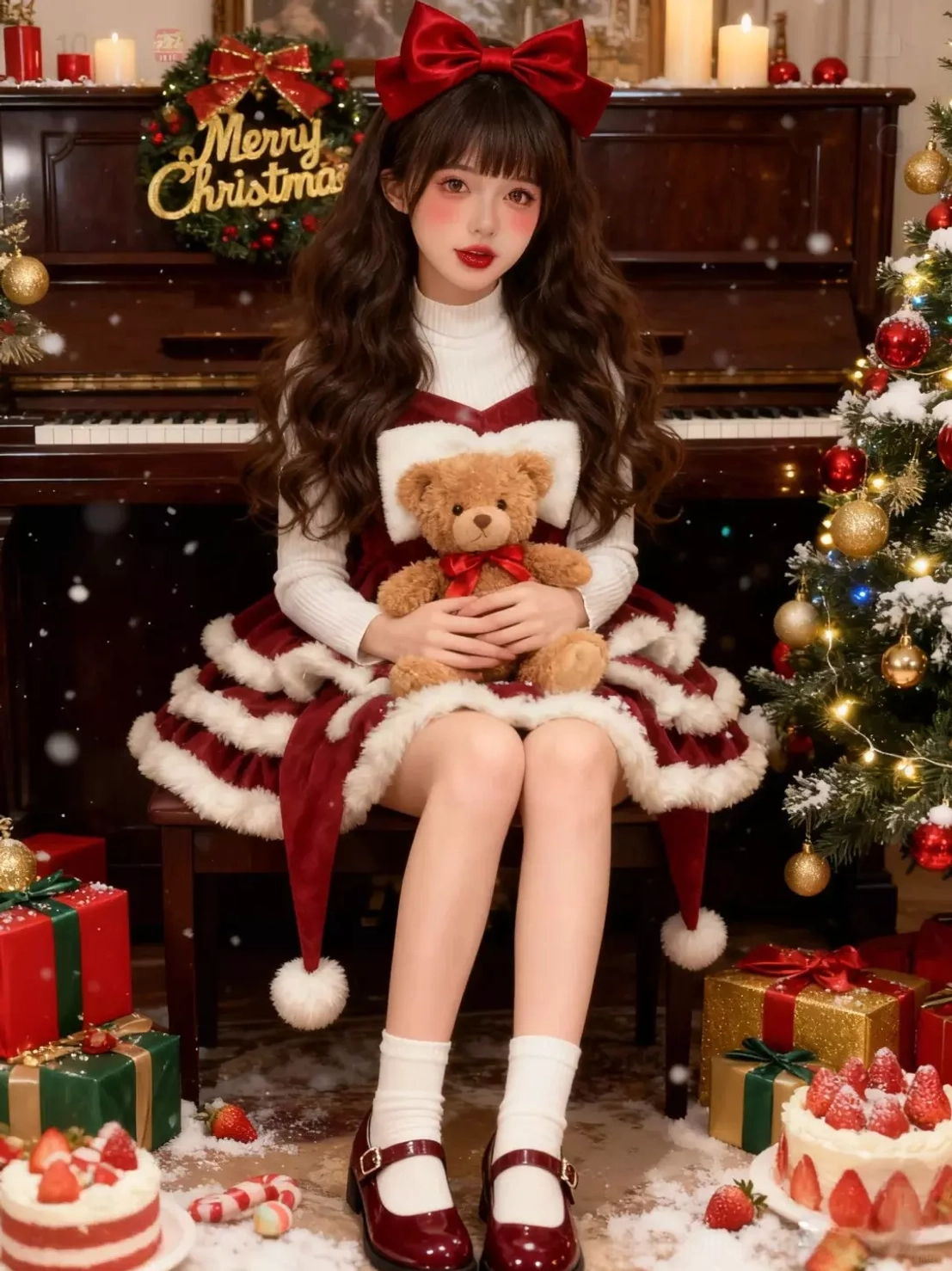 Sweet lolita jumper skirt dress model sitting front view with classic mary jane shoes white socks teddy bear on lap holiday Christmas scene