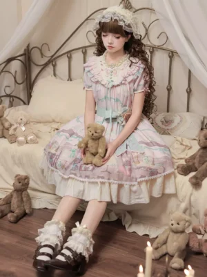 Sweet Lolita OP dress seated full view ruffled lace collar ankle frills teddy bear prop vintage bed aesthetic