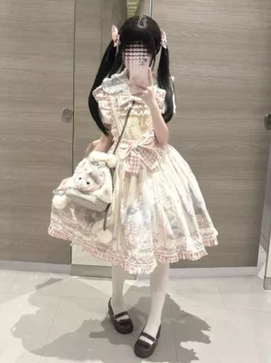 Charming sweet lolita dress with layered ruffled hem and printed skirt fabric paired with fluffy animal crossbody bag in full mirror selfie