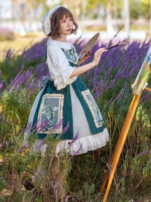 Three-quarter side view of sweet lolita coordinate in lavender field, showing puffed sleeves, ruffled A-line skirt, and artistic styling with palette