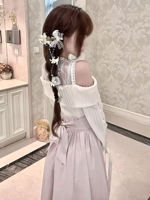 Sweet lolita off-shoulder dress set back view with satin bow and knit shrug detail