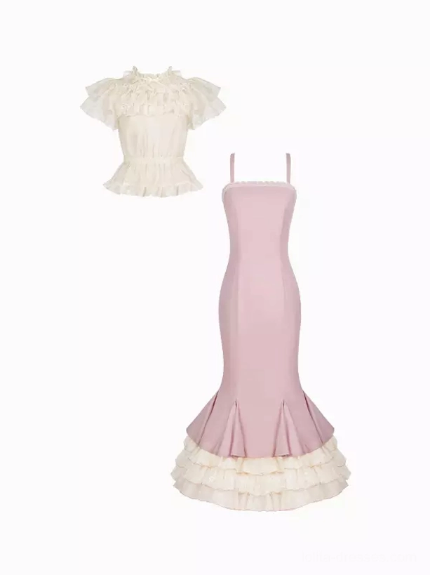 Flat lay product photography of sweet lolita dress set with off-white lace crop top and pink fishtail skirt on white background