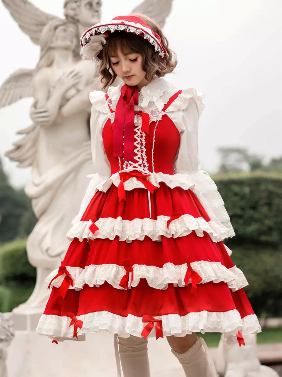Sweet lolita dress set beige thigh-high socks red bow trims matching bonnet hat garden background