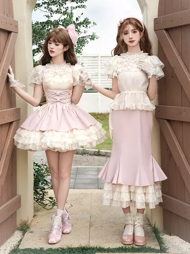 Two styles of sweet lolita dress sets featuring short ruffled skirt and long fishtail skirt with matching lace tops