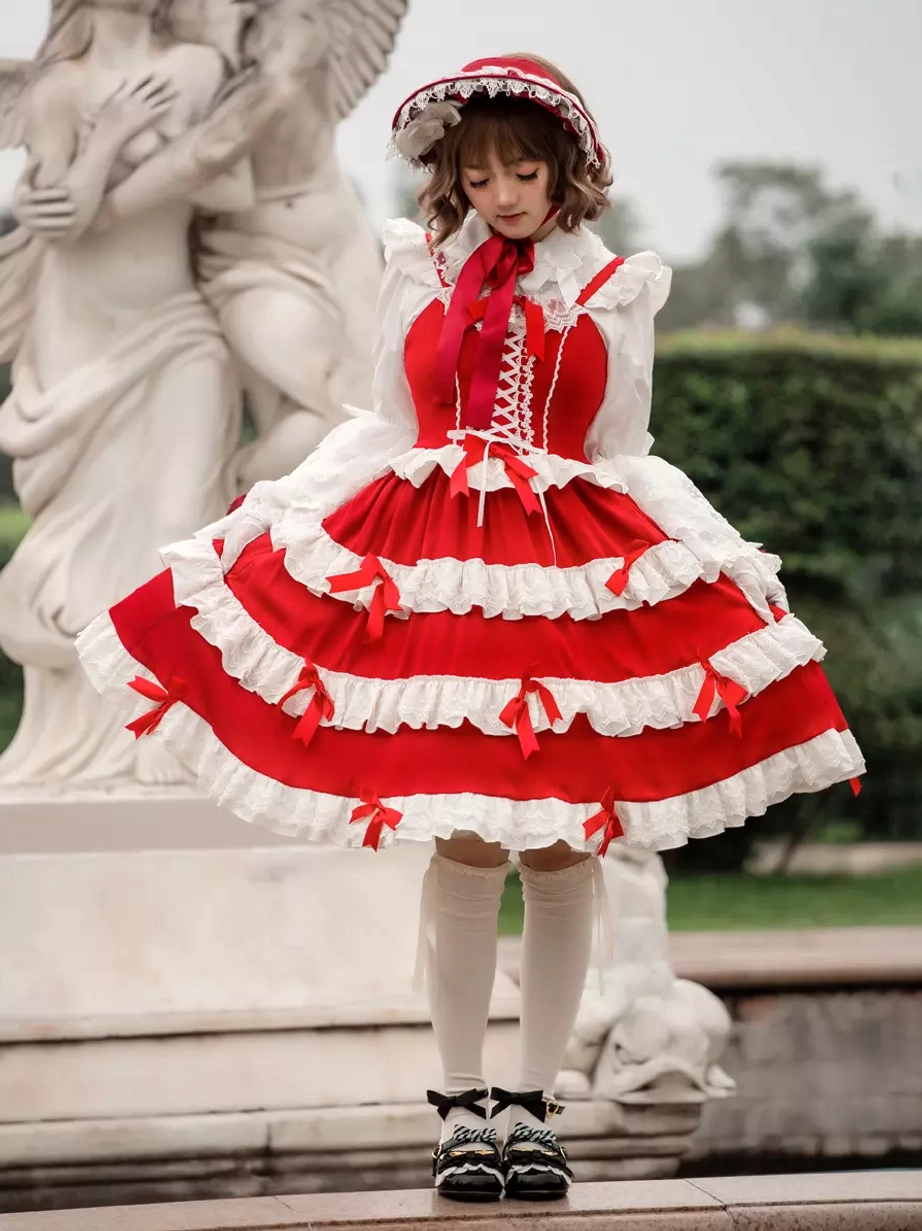 Sweet lolita dress set tiered skirt full-body view platform matching bonnet red neck ribbon