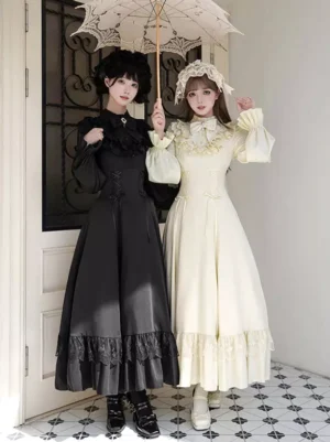 Elegant lolita dress three-quarter side front view showing fitted waist lace-up bodice and ruffled lace hem details