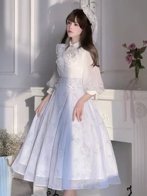 Sweet lolita dress side profile showing high stand collar ruffled neckline and sheer puffed sleeves vintage setting
