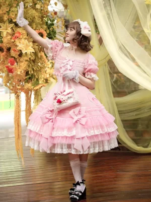 Sweet Lolita dress side three-quarter view showing square neckline lace trim and tiered ruffled skirt details