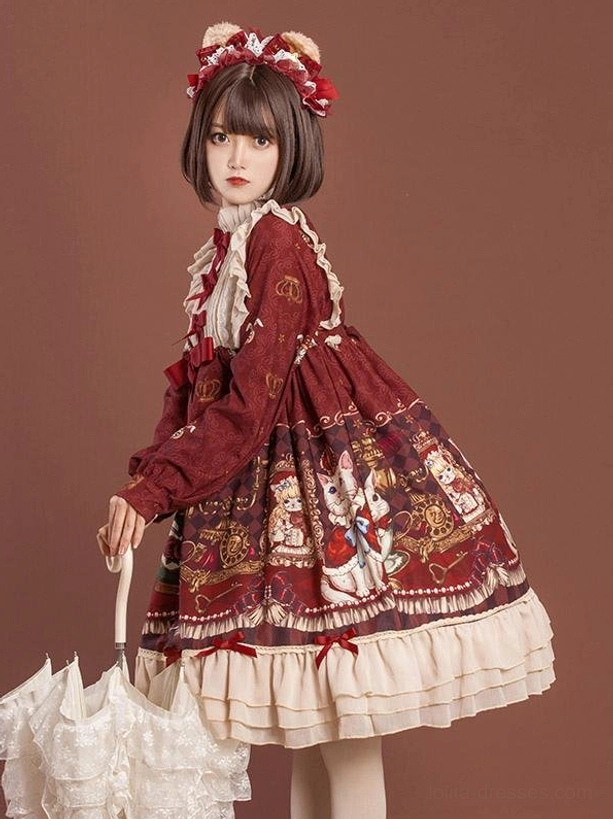 Sweet lolita long sleeve dress side profile wine red top printed skirt beige ruffled layered hem lace umbrella prop