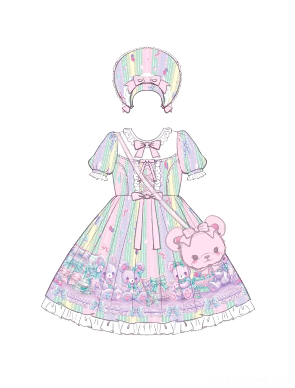 Sweet lolita dress size chart and measurement guide showing available sizes S M L XL with bust and waist measurements in both centimeters and inches