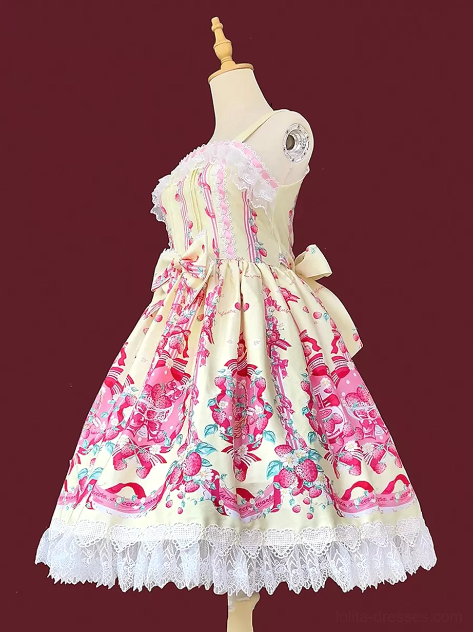 Sweet lolita dress size chart and measurement guide with centimeters and inches conversion for bust, waist, and dress length across S, M, L, XL sizes
