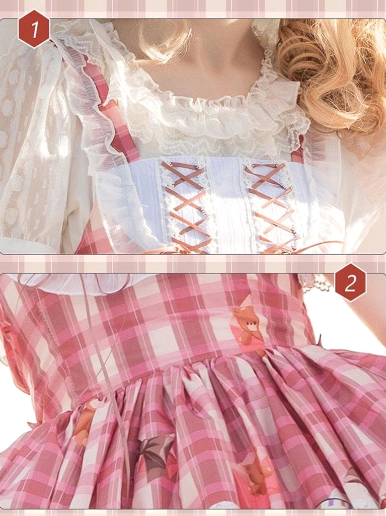 Sweet lolita dress skirt hem detail close up showing white lace ruffle trim teddy bear print and heart motifs on printed fabric