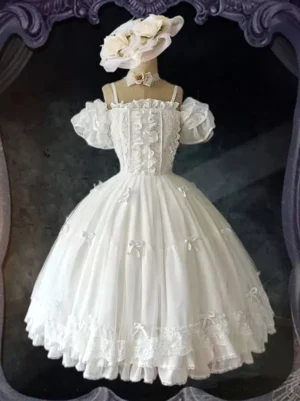 Sweet lolita dress with spaghetti strap off-shoulder design cream white ruffled bodice layered tulle skirt lace hem detail flat lay
