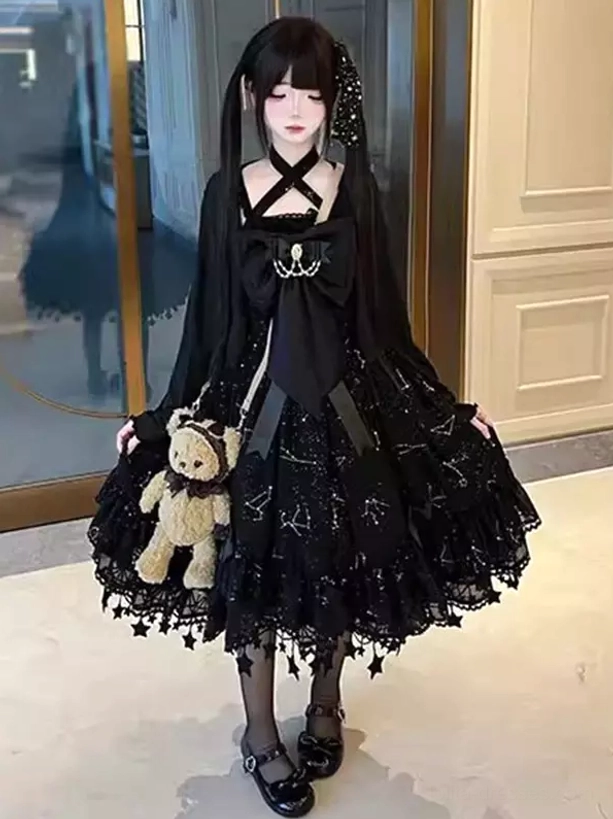 Star constellation lolita dress front view with front bow brooch, star tassel trim details at ruffled hem, modeled with teddy bear crossbody bag