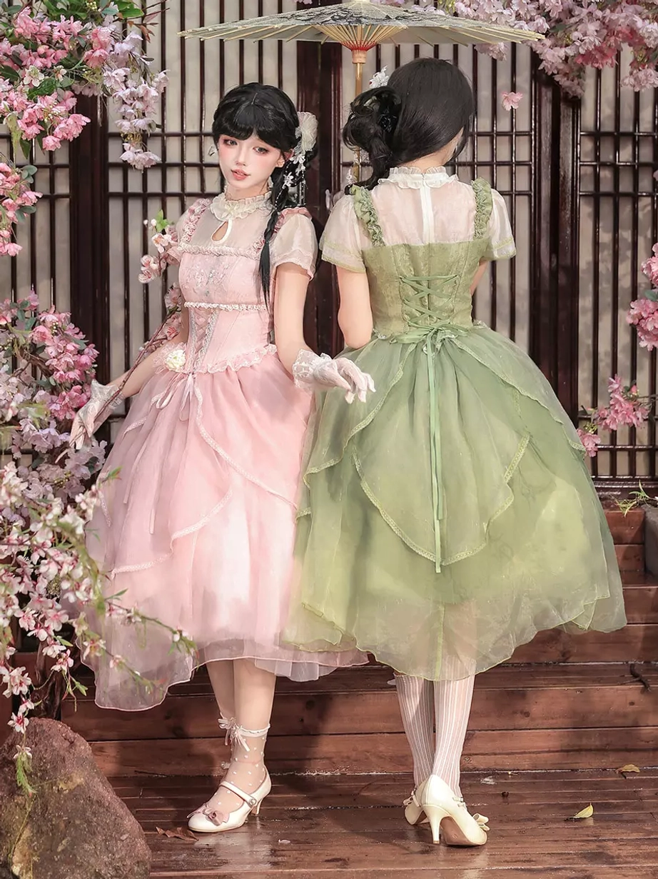 Sweet lolita floral lace dress styling guide showing coordinated accessories, hosiery, headwear and shoes for authentic lolita fashion event wear
