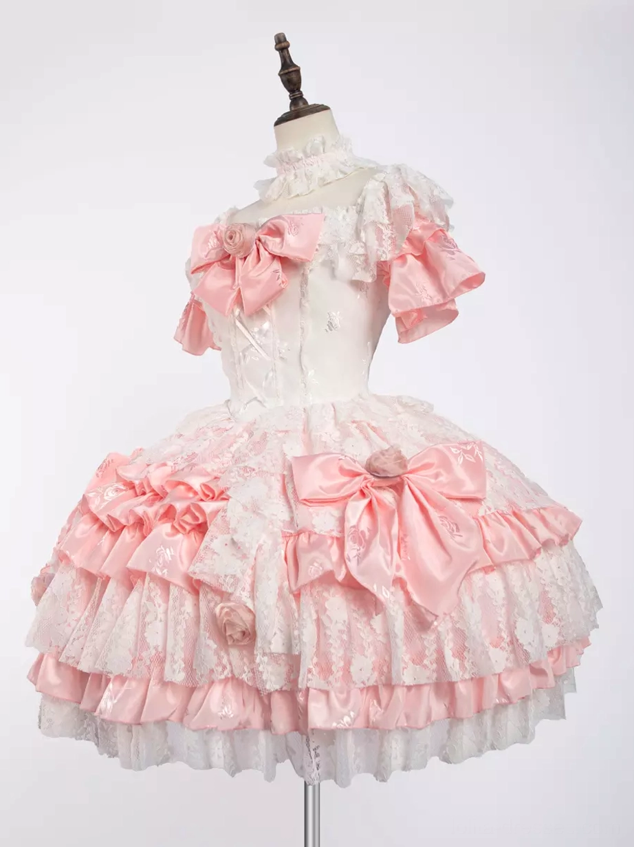 Sweet lolita dress tailor made custom fit option pink white colorway with full bow and lace details styling