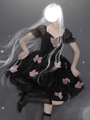 Black pink sweet lolita dress three-quarter rear view worn by silver hair anime model with scattered pink bows on tiered skirt starry background
