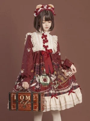 Rococo inspired sweet lolita dress three-quarter angle view red bow embellishments vintage tea party print details