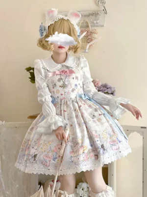 Sweet lolita dress ensemble three-quarter angle shot with bunny ear hair accessory and ruffled blouse cuffs - classic fairy tale aesthetic
