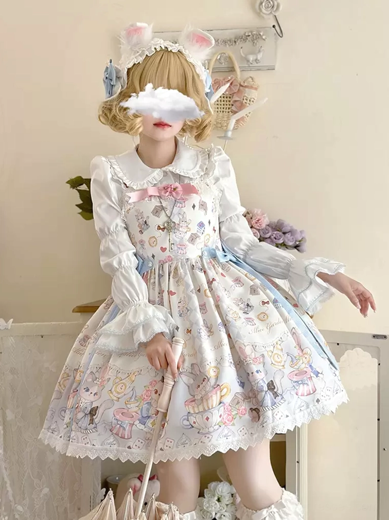 Sweet lolita dress ensemble three-quarter angle shot with bunny ear hair accessory and ruffled blouse cuffs - classic fairy tale aesthetic
