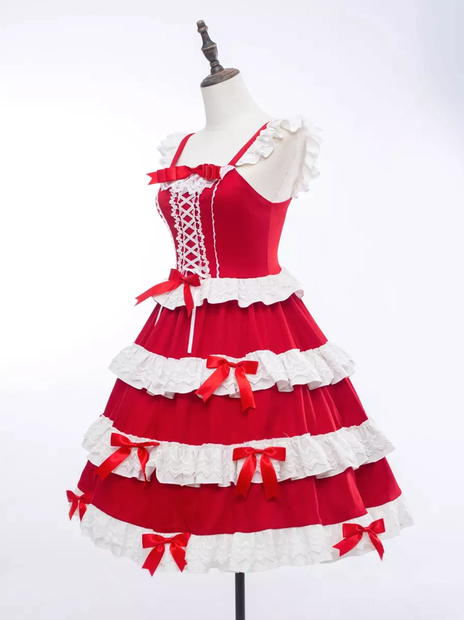 Sweet lolita dress detail view tiered ruffles lace construction color-blocked design